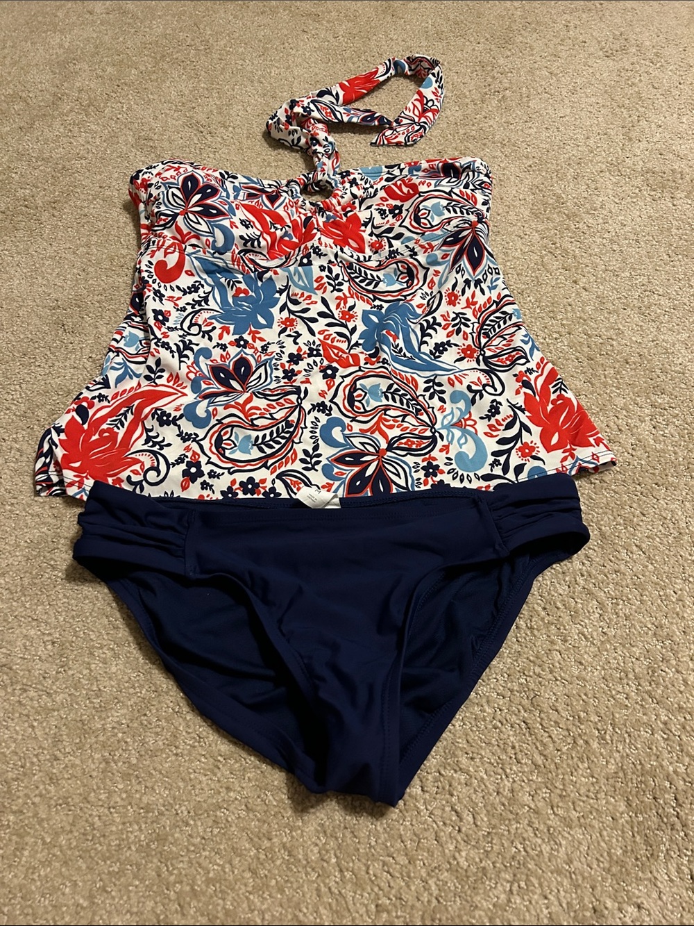 Apt. 9 Navy Bikini Bottoms with Red, Light Blue and White Paisley Top